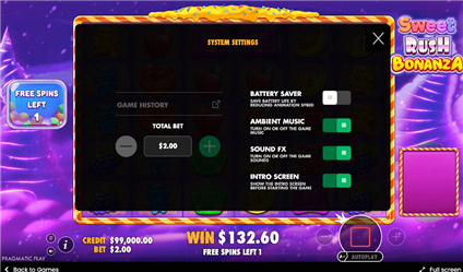 Sweet Rush Bonanza impostazioni sistema autoplay